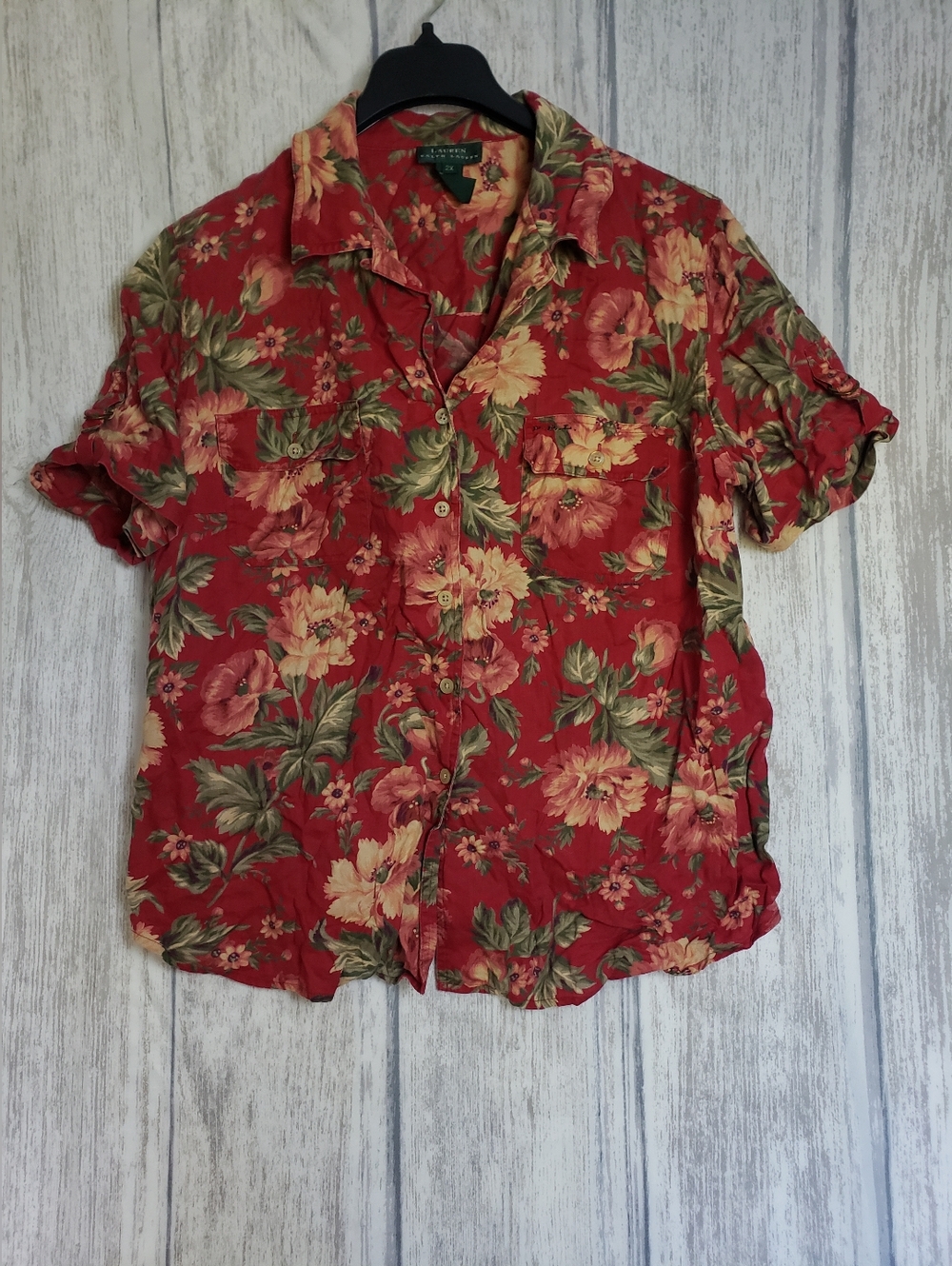 Lauren Ralph Lauren 100% Linen Red Floral Short-Sleeve Button Camp Shirt 2X 1D